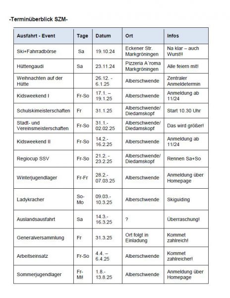 Terminübersicht Saison 2024/2025